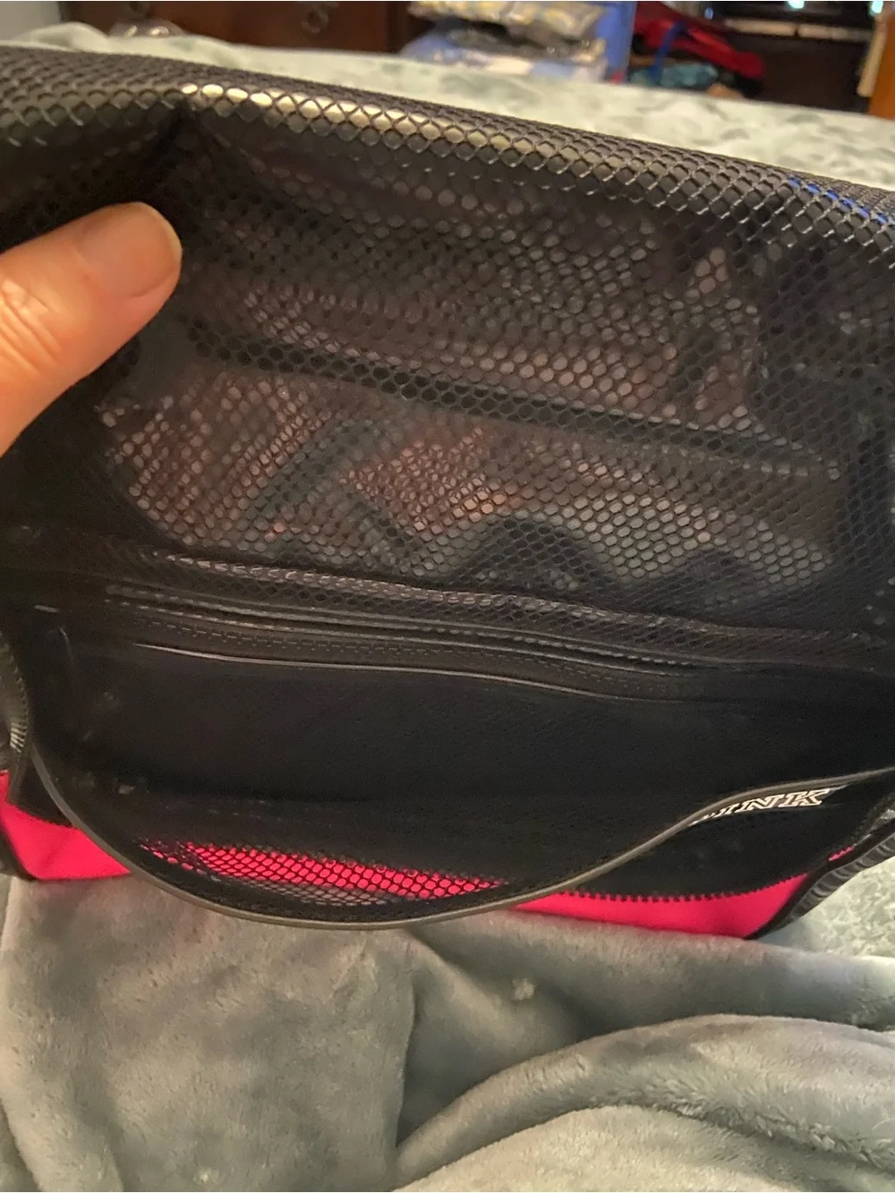 Victoria's Secret PINK Gray Striped and Hot Pink Travel Cosmetic Case